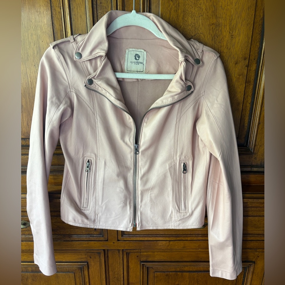Spartina 449 Molly Petal Pink Moto Lambskin Leather Cropped Jacket